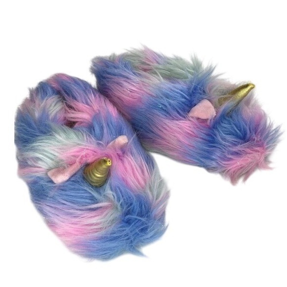 Lily & Dan Multi Unicorn Slippers Kids Size 13/1 Faux Fur Gold Horn 3D Character